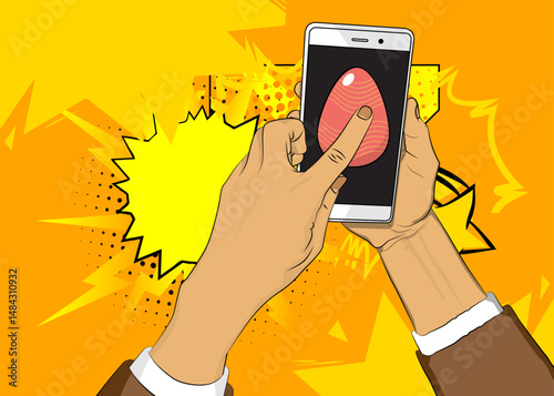 Cartoon Smartphone, comic book Telephone with Easter Egg. Retro vector comics pop art design.