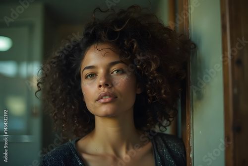 Young mulatto woman with curly hair looking confidently at camera indoors