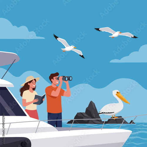 People on Boat Watching Wildlife Seabirds with Binoculars and Book
