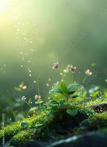 High-Resolution Dewdrops and Green Plant Micro-Landscape with Spring Flowers, Forest Atmosphere, and Clean Background under Ray Tracing Rendering