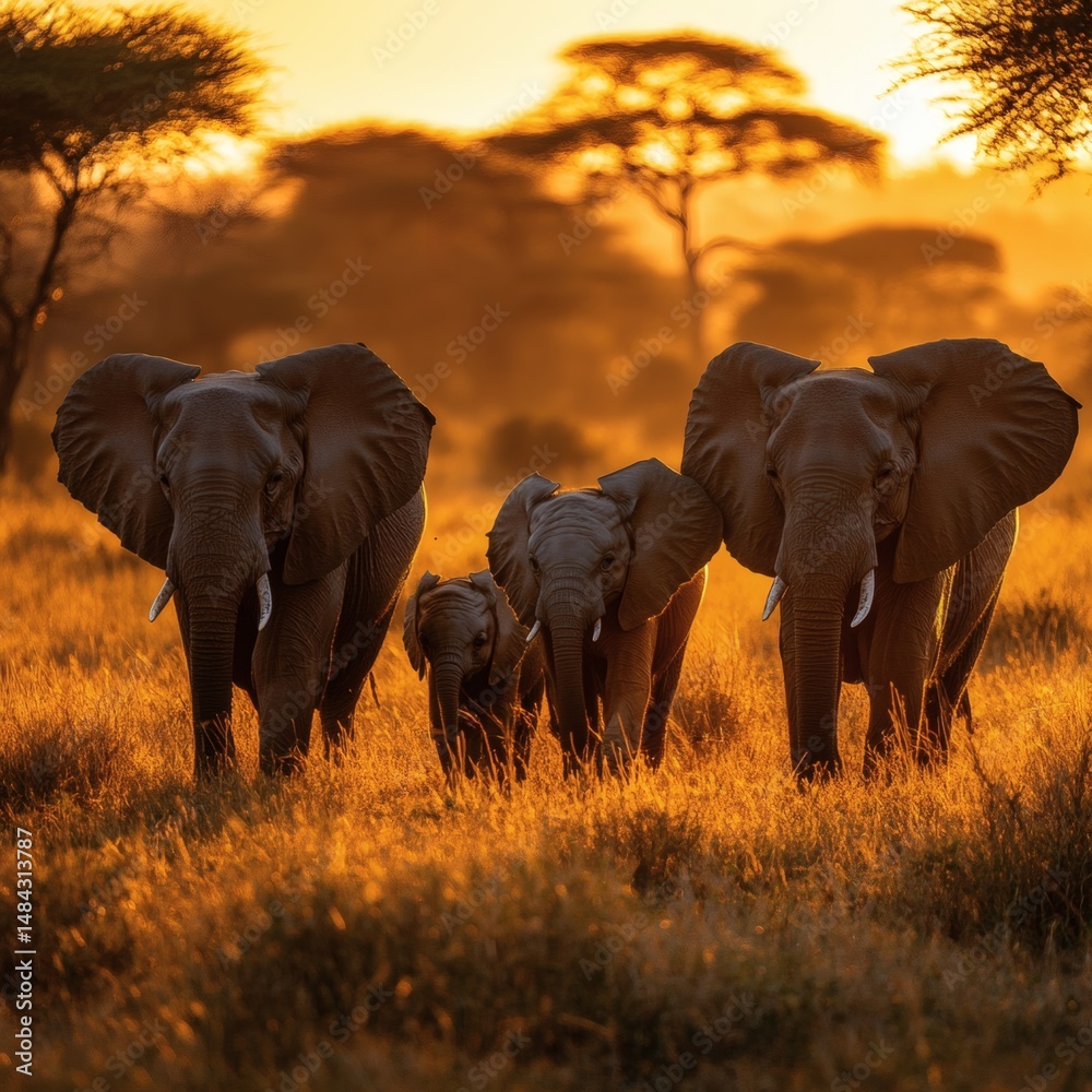 Obraz premium Elephant Family Walking Through Golden Savannah Landscape at Sunset