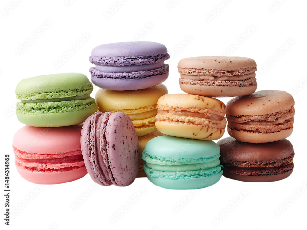 Fototapeta premium A colorful stack of macarons in various flavors and colors on a white or transparent background in a close up shot
