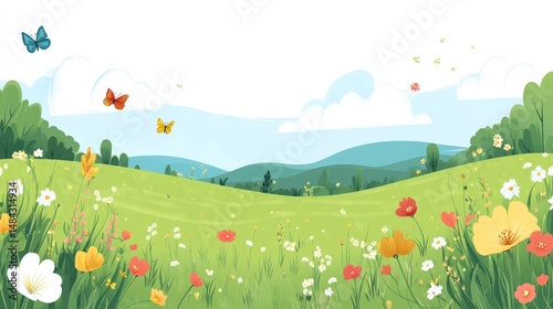 Colorful spring meadow landscape with butterflies. Lush green grass field dotted with wildflowers, hills in the background