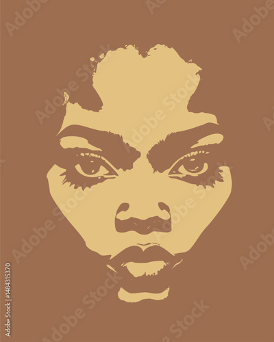 Young Afro American woman face front view in low key style. Elegant silhouette of a female head.
