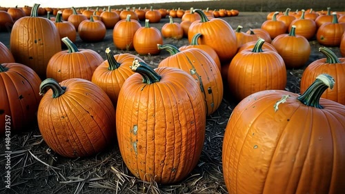 Fields of pumpkins growing under sunlight in autumn harvest season  