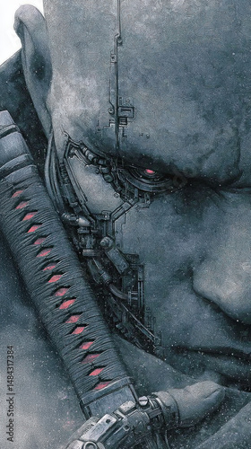 Futuristic cyborg face, mechanical eye, holding sword, intense expression, detailed texture