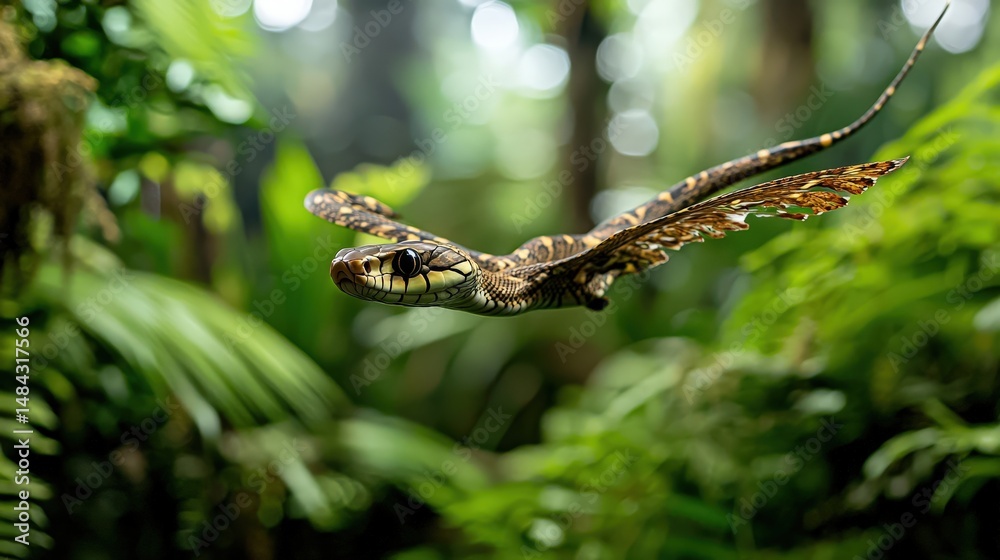Naklejka premium Flying snake gliding through lush jungle nature photography tropical environment unique animal behavior
