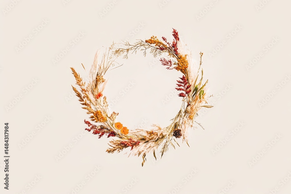 Fototapeta premium Circular arrangement of dried fall flowers and grasses.