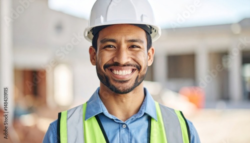 Smiling construction worker wearing hard hat and safety vest at construction site