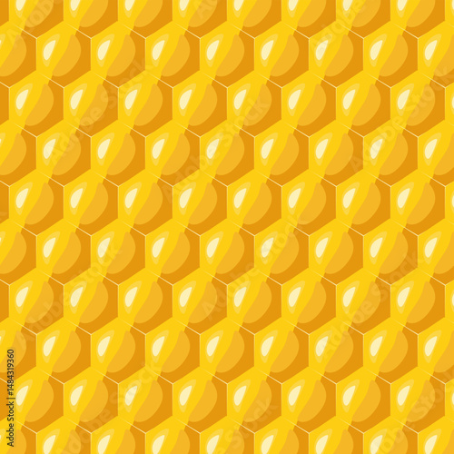 Honeycomb texture, Seamless glossy yellow honeycomb pattern. hexagonal honeyed comb vector background. 
