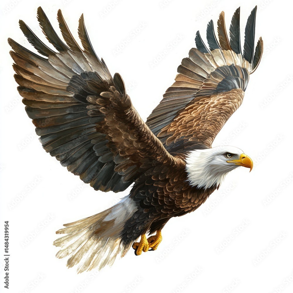 Fototapeta premium Majestic Bald Eagle in Flight with Prominent Wings and Distinctive Plumage Against a Clean White Background
