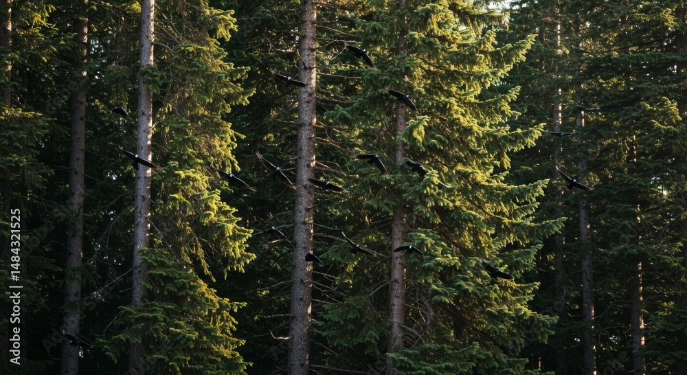 Fototapeta premium Dark Birds Flying Through a Dense Green Forest at Sunset