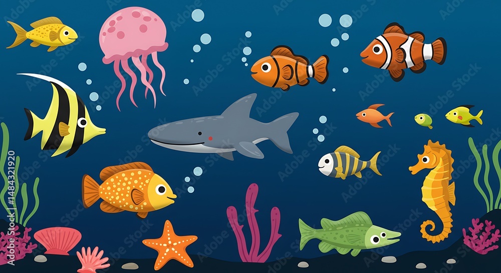 Naklejka premium Whimsical Underwater Scene with Colorful Fish, Shark, Jellyfish, and Seahorse