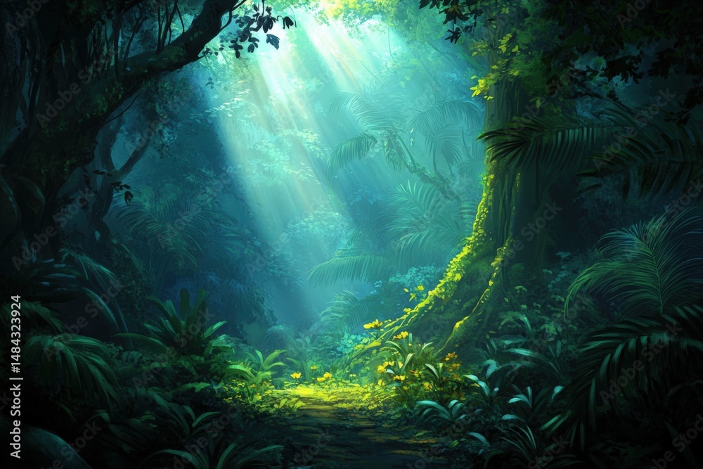 Obraz premium Sunlight streams through a dense, lush forest with vibrant green vegetation