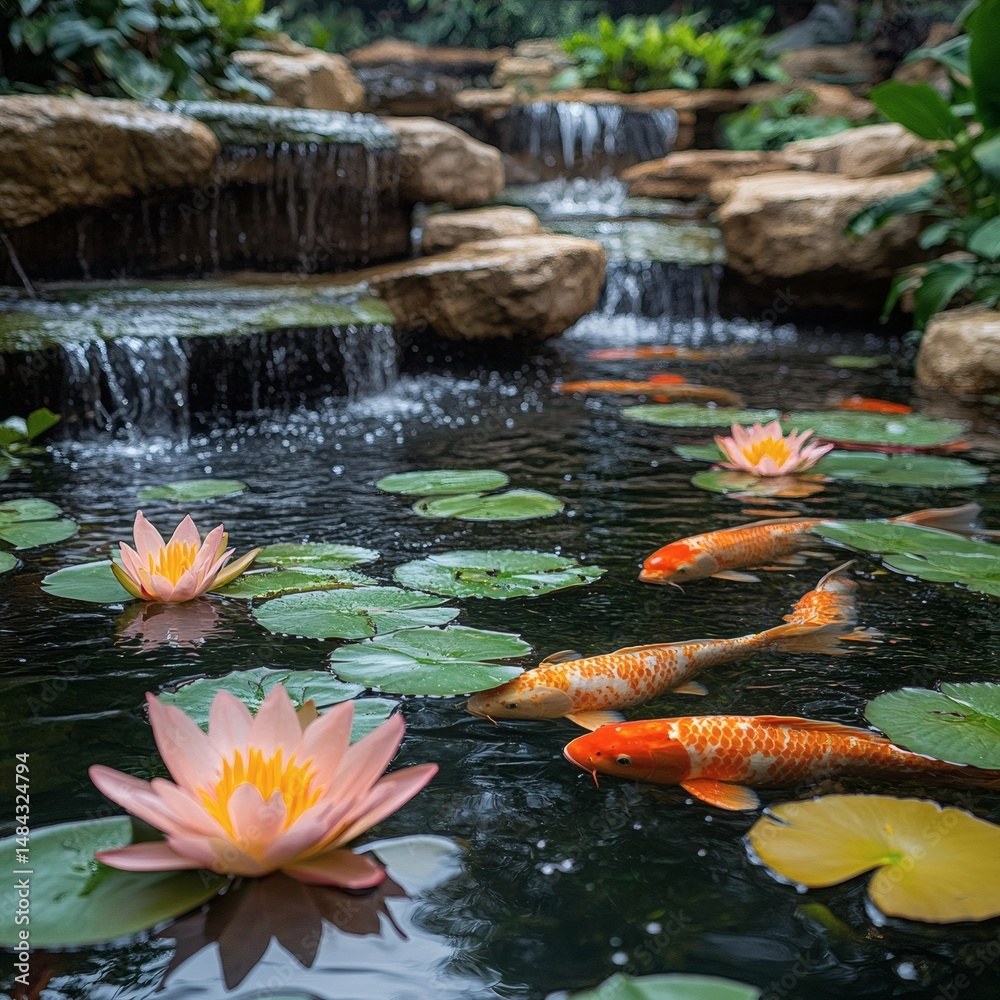 Koi Fish Swimming in Serene Water Garden Oasis Koi Fish Swimming in Serene Water Garden Oasis