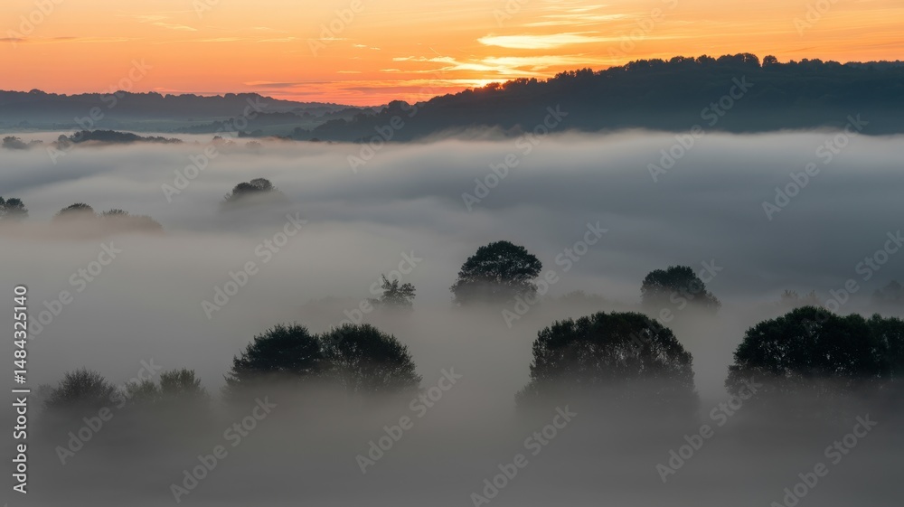 Fototapeta premium Ethereal Morning Mist Engulfing a Serene Valley Landscape at Golden Sunrise