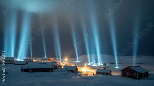 Ethereal Light Pillars Grace a Serene Snow-Covered Arctic Village at Night