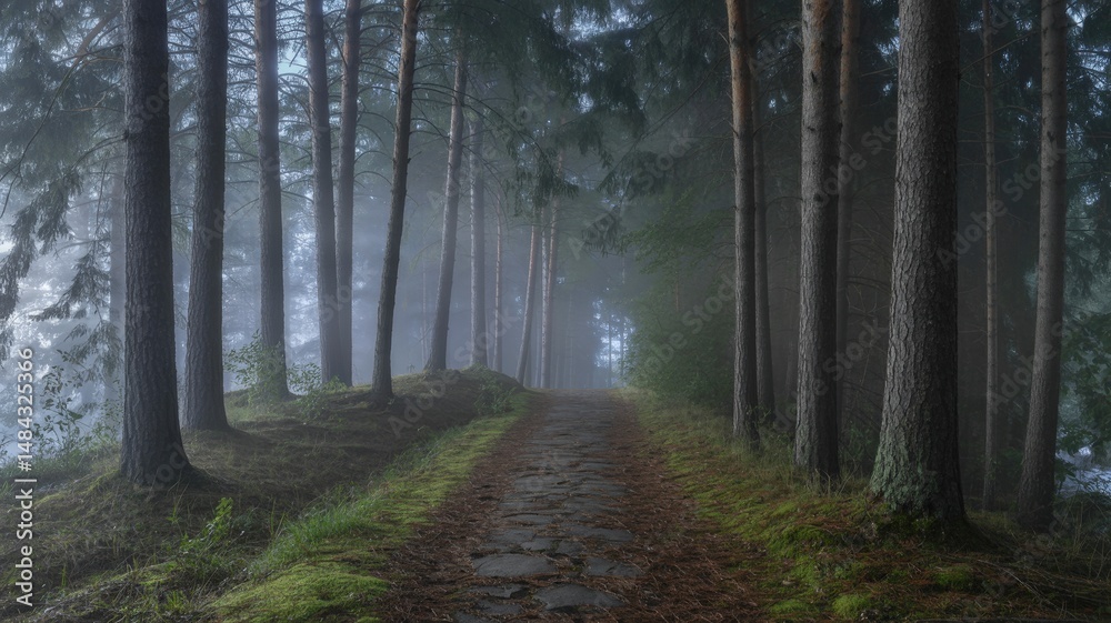 Fototapeta premium Ethereal Pathway Through a Hazy Pine Forest Sanctuary at Dawn