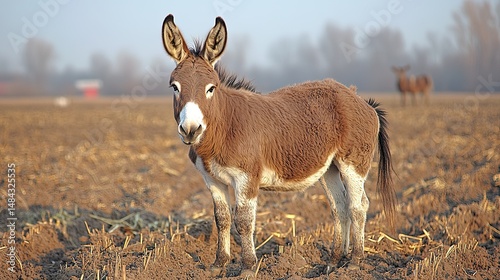 Donkey in autumn field.