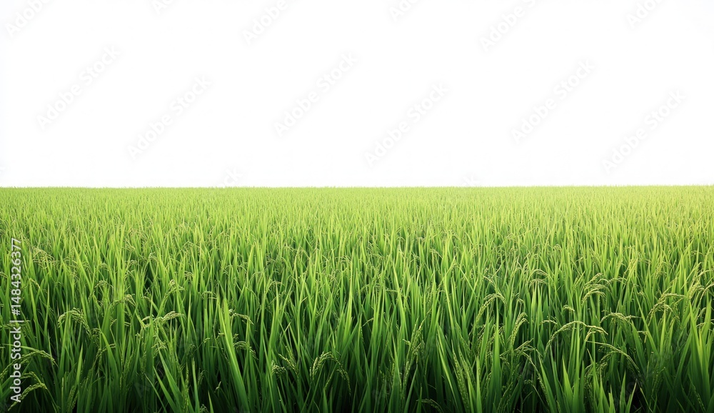 Obraz premium Lush Green Rice Field Under Bright Sky, Vibrant Vegetation, Rural Agriculture Landscape, Natural Growth in Open Environment