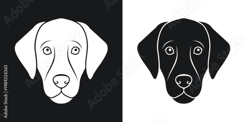 Minimalist illustration of a labrador retriever dog head in black and white with symmetric design