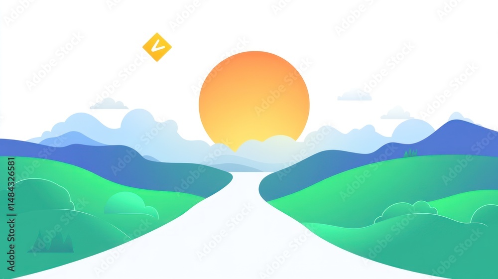Fototapeta premium A serene landscape with a bright sun over rolling green hills and mountain ranges