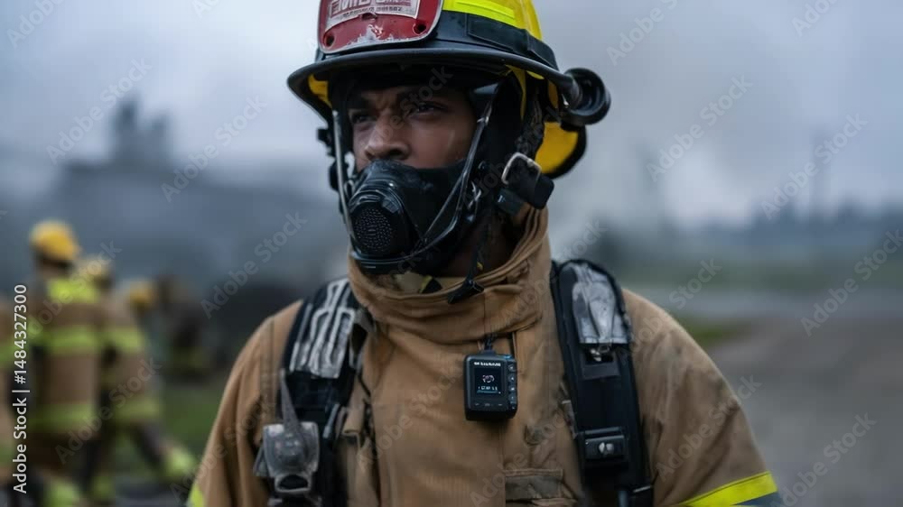 Side view of a firefighter in full gear with the wearable badge attached to their chest displaying visual feedback from the HUD about ambient air quality. Side view of a firefighter in full gear with the wearable badge attached to their chest displaying visual feedback from the HUD about ambient air quality.