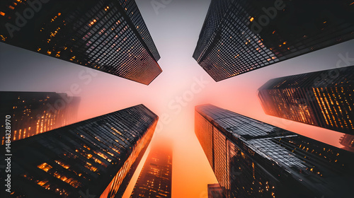 from street level at sharp-edged architectural structures reaching skyward