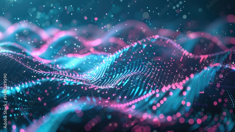 Obraz premium Abstract picture micro light sparkling particle represent data flow vivid flowing wave with high tech background, create digital effect scene perfect for energetic and fantasy wallpaper design. AIG53.