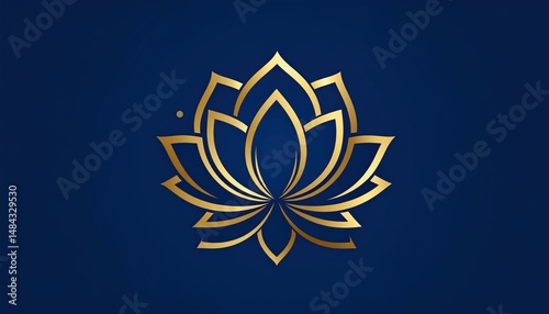 Sophisticated lotus flower emblem radiating with golden luxury on deep sapphire backdrop