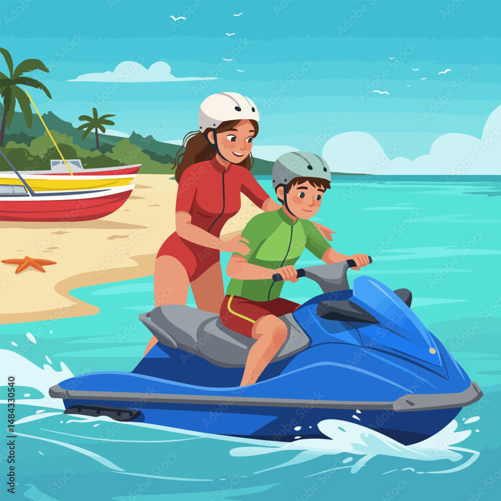 Obraz premium Riding Jet Ski with Instructor on Tropical Beach Getaway Vacation