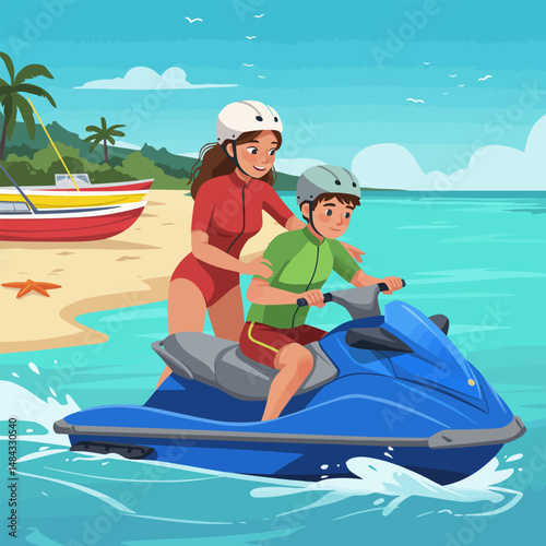 Riding Jet Ski with Instructor on Tropical Beach Getaway Vacation