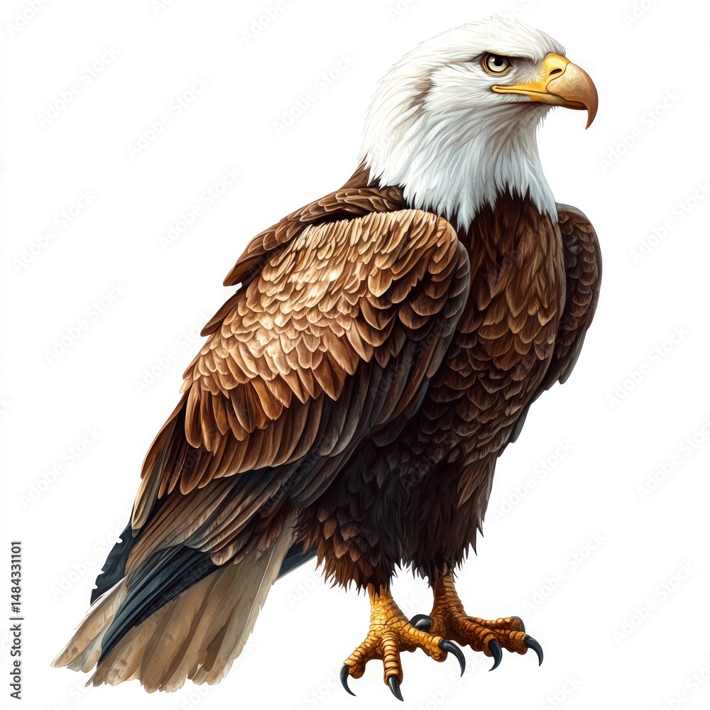 Fototapeta premium Majestic Bald Eagle Stands Proud with Detailed Feathers and Intense Gaze in Isolated Background