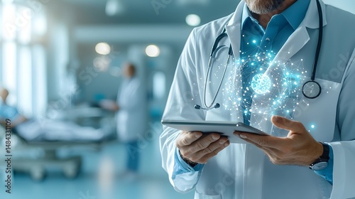 A photograph showcasing an IoT enabled smart hospital ward for hematology patients featuring wearable blood health monitoring devices AI driven anemia detection alerts