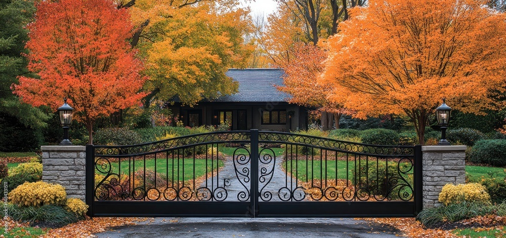Obraz premium Autumnal Estate Entrance: Ornate Gate and Vibrant Foliage