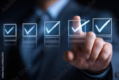 Digital Checklists for efficient business management, Businessman touching marking on checklist guide to paperless assessment and Future Success, Streamlining operations with online surveys.