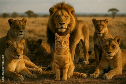 Cat Chasing Lion in the Savannah	 photo