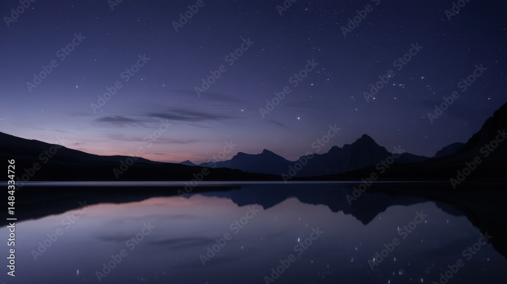 Fototapeta premium Whispers of the cosmos reflected on a tranquil mountain lake at twilight's embrace