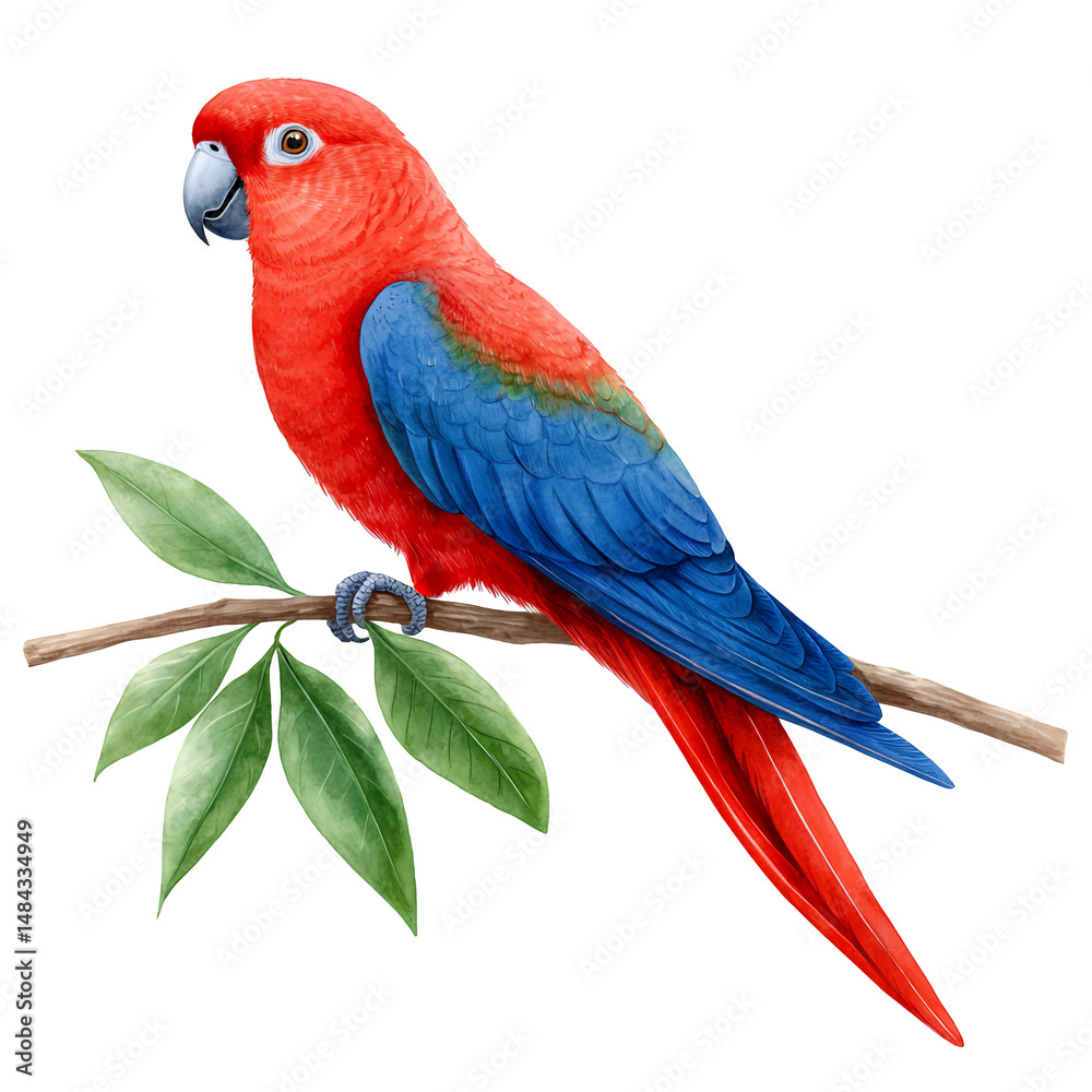 Fototapeta premium Red and blue parrot perched on a branch with green leaves against a black background. Watercolor style illustration with detailed feathers and textures.