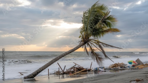 Windswept Resilience: A Lone Palm Tree Bends but Doesn't Break on a Storm-Ravaged Shore