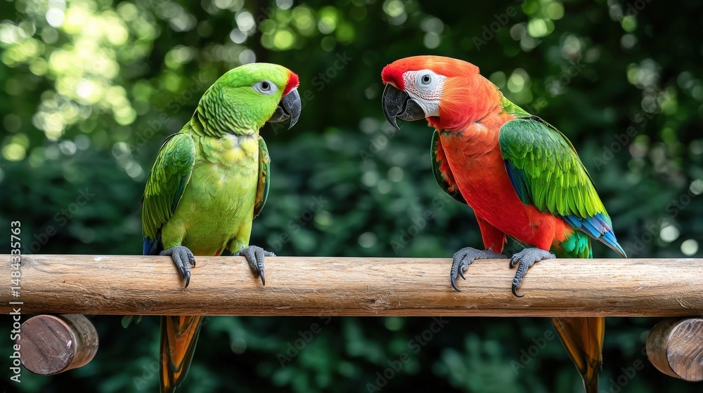 Obraz premium Two colorful parrots, a vibrant green one and a striking red macaw, perch side by side on a wooden beam against a lush green foliage backdrop in the sunlight.