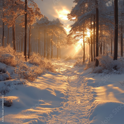 Snowy forest path with trees and snow.