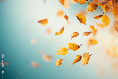 Golden autumn leaves gently falling against a soft blue gradient background, capturing the serene transition of seasons.