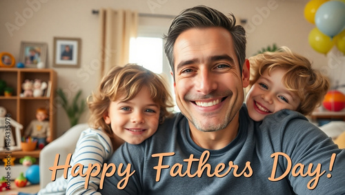 A heartwarming Father's Day scene featuring a warm-lit, cozy living room background