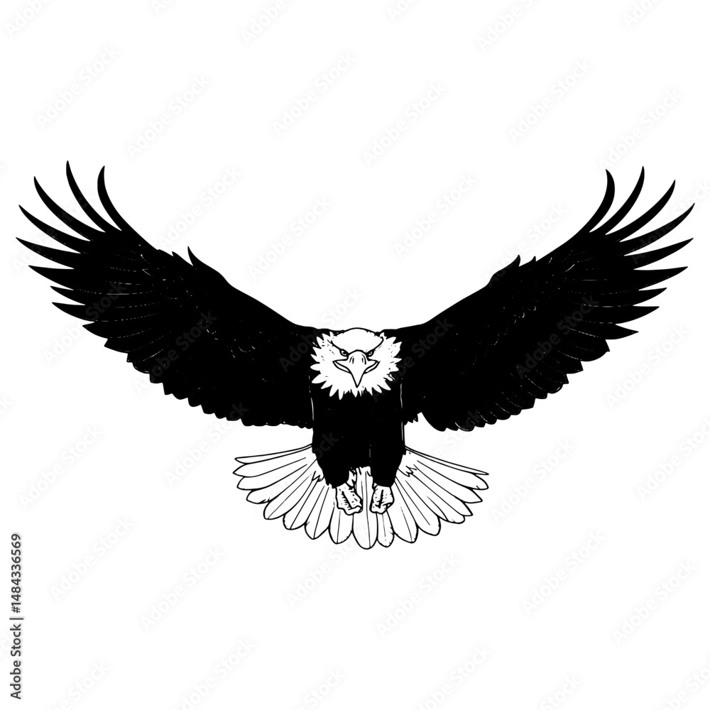 Naklejka premium Flying eagle with open wings in black and white showing power freedom and strength in a bold clean line