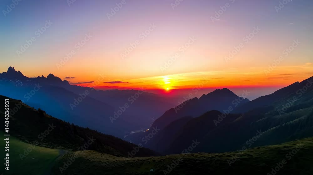 Dramatic mountain landscape at sunset with vibrant colors and silhouette of peaks against the orange and pink sky