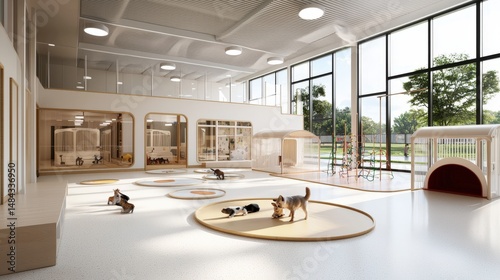 Bright and spacious indoor dog park with playful pups enjoying circular platforms and large overlooking outdoor play area creates a fun and safe environment.