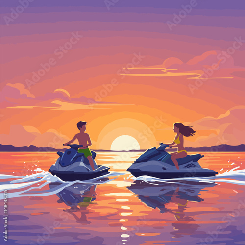 People Riding Personal Watercraft on Water During Colorful Sunset
