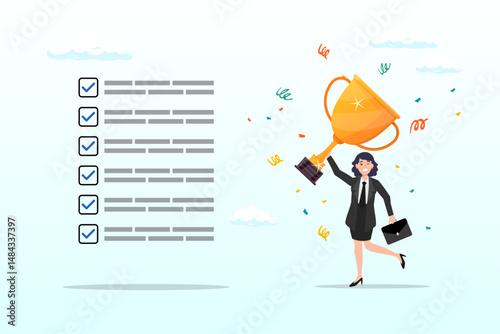 Success businesswoman holding winner trophy with habit checklist, habits or routine to success, checklist or factors to succeed and achieve goal, winner progress, planning, procedure, process concept