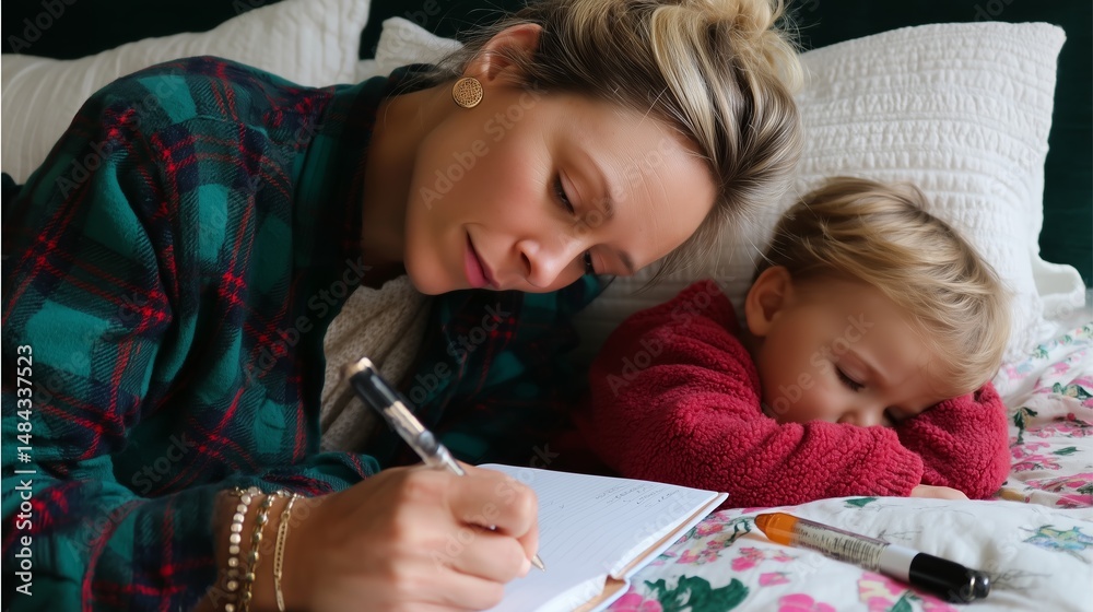 Mother teaches child to write in cozy bedroom during winter morning